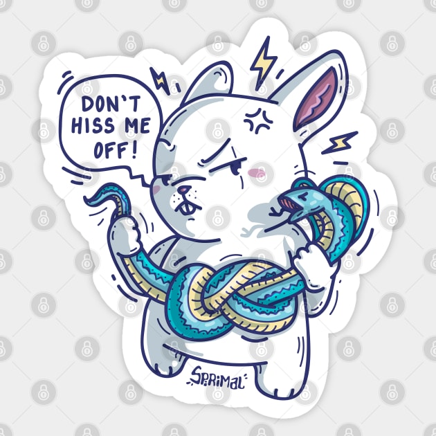 Rabbit with cobra snake saying "Don't hiss me off" funny snake pun Sticker by SPIRIMAL